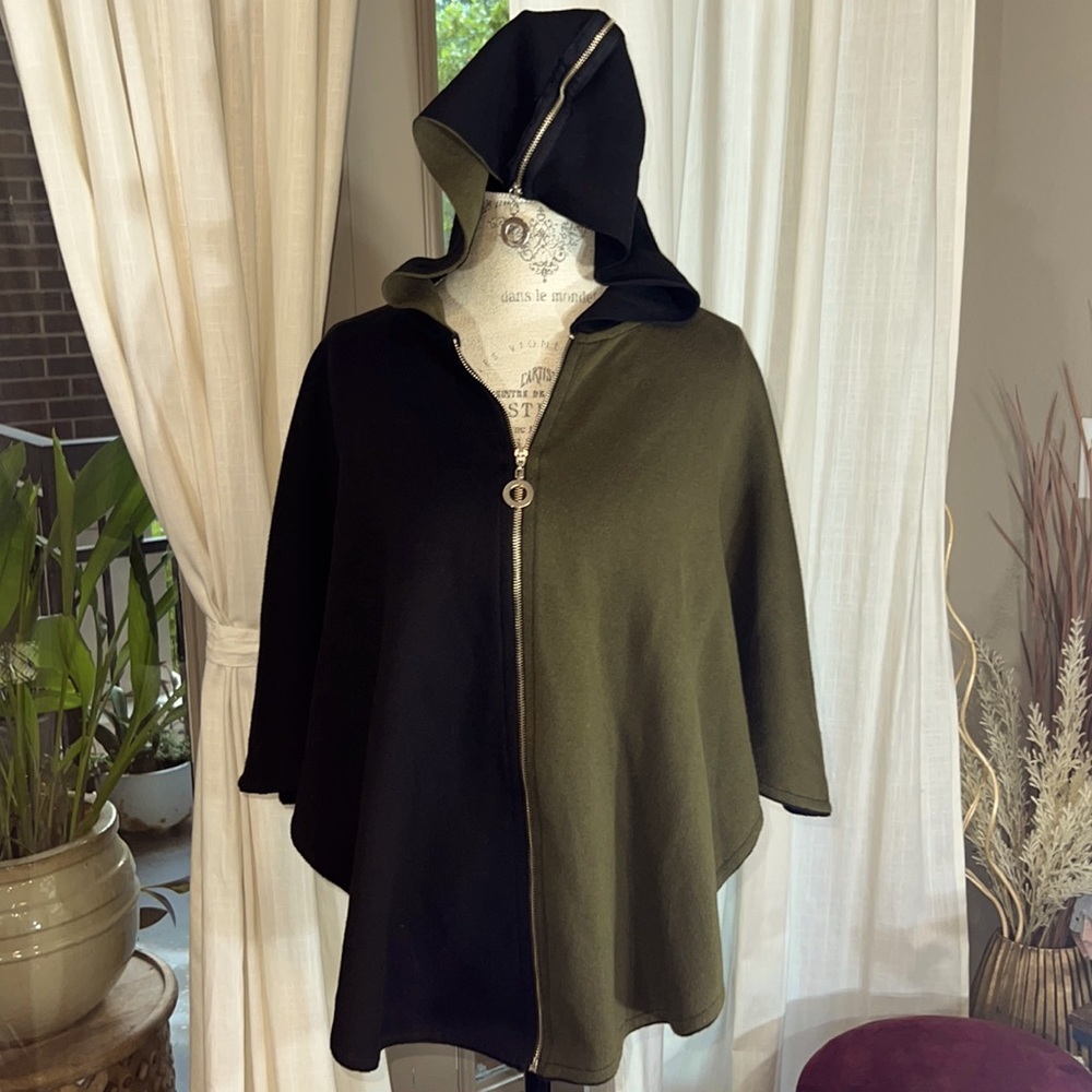 Ángel black & olive green cape tunic overcoat zipper hoodie & jacket Small - Picture 4 of 15